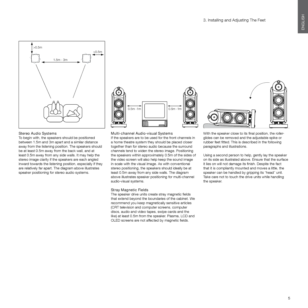 Bowers & Wilkins 800, 802 manual Installing and Adjusting The Feet, Stereo Audio Systems, Multi-channel Audio-visual Systems 