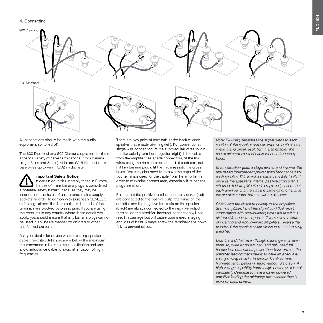 Bowers & Wilkins 800, 802 manual Connecting, Important Safety Notice 