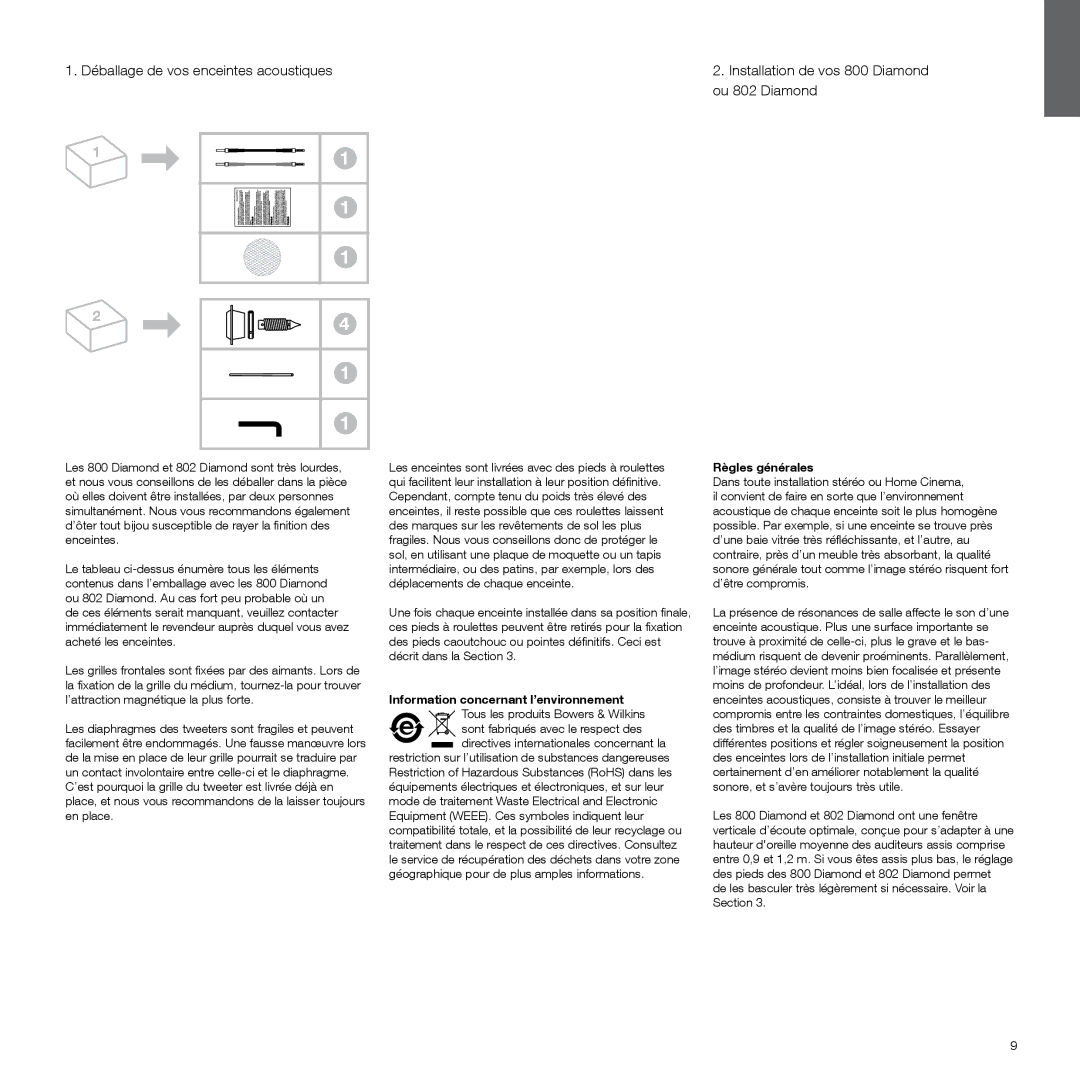Bowers & Wilkins 800 manual Déballage de vos enceintes acoustiques, Ou 802 Diamond, Information concernant l’environnement 
