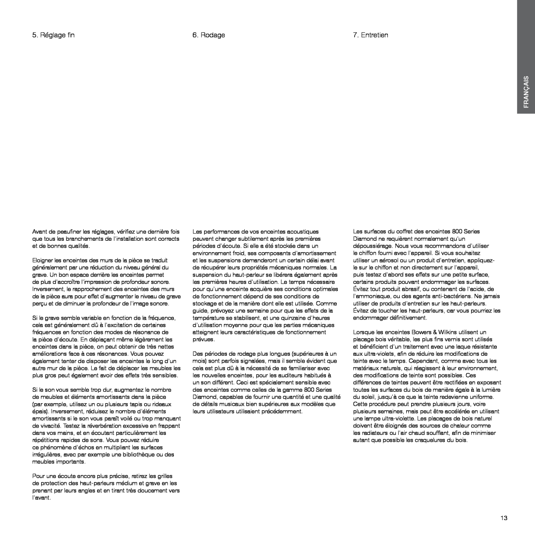 Bowers & Wilkins 800, 802 manual 5. Réglage fin, Rodage, Français 