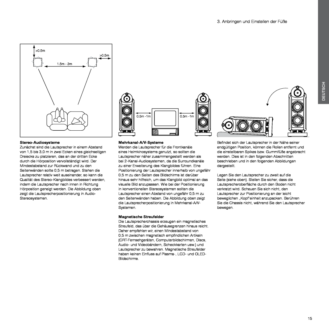 Bowers & Wilkins 800, 802 manual Anbringen und Einstellen der Füße, Stereo-Audiosysteme, Mehrkanal-A/V-Systeme, Deutsch 