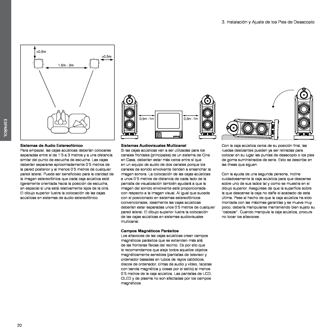 Bowers & Wilkins 802, 800 manual Instalación y Ajuste de los Pies de Desacoplo, Español, Sistemas de Audio Estereofónico 