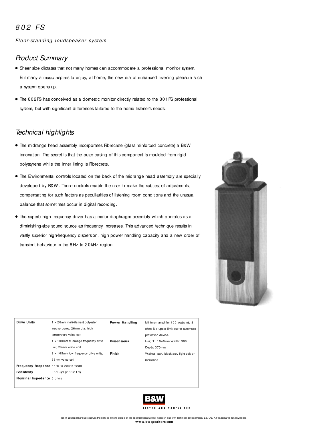 Bowers & Wilkins 802 FS specifications 2 F S, Technical highlights 