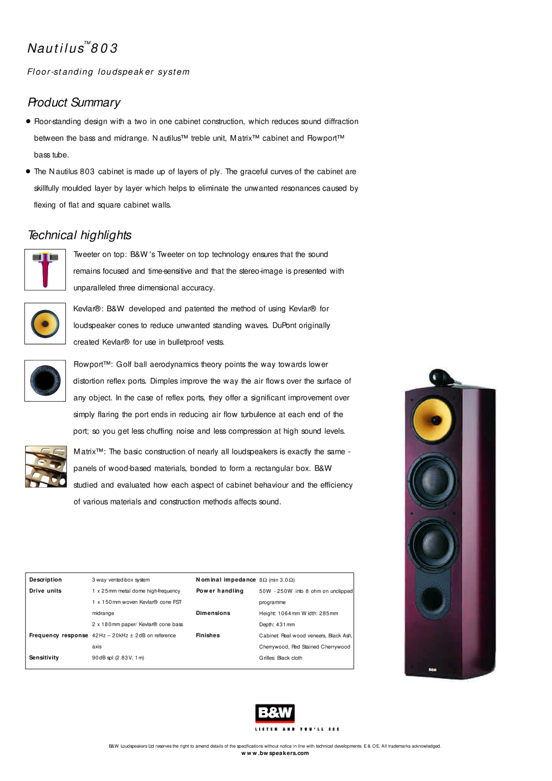 Bowers & Wilkins specifications Nau tilu s803, O o r -standing lou dspeak er system Product Summary 