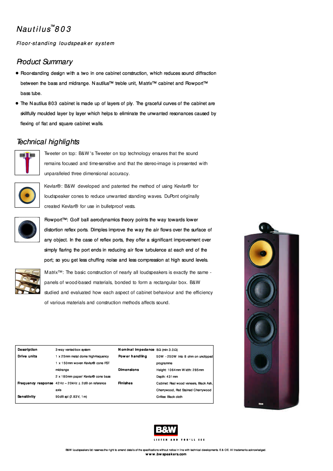 Bowers & Wilkins owner manual NautilusTM803 NautilusTM804 Owner’s Manual, and Warranty 