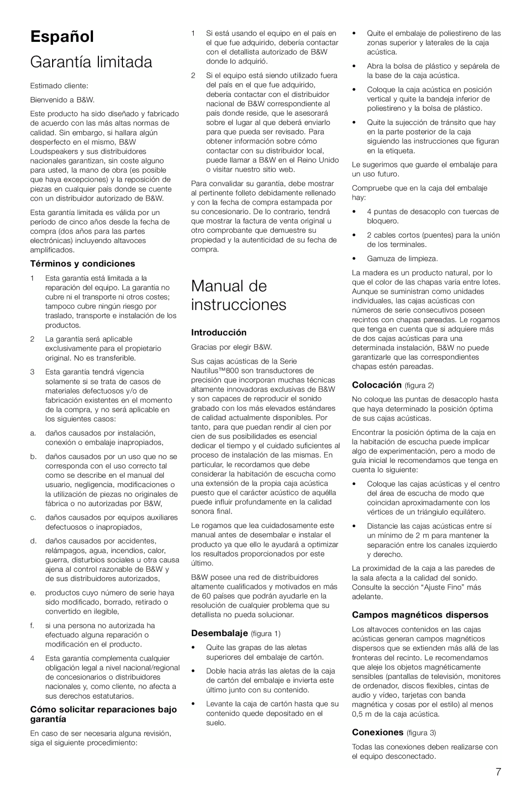 Bowers & Wilkins 804, 803 owner manual Español, Garantía limitada, Manual de instrucciones 