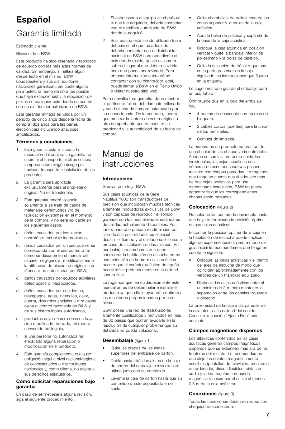 Bowers & Wilkins 804, 803 Español, Garantía limitada, Manual de instrucciones, Términos y condiciones, Introducción 