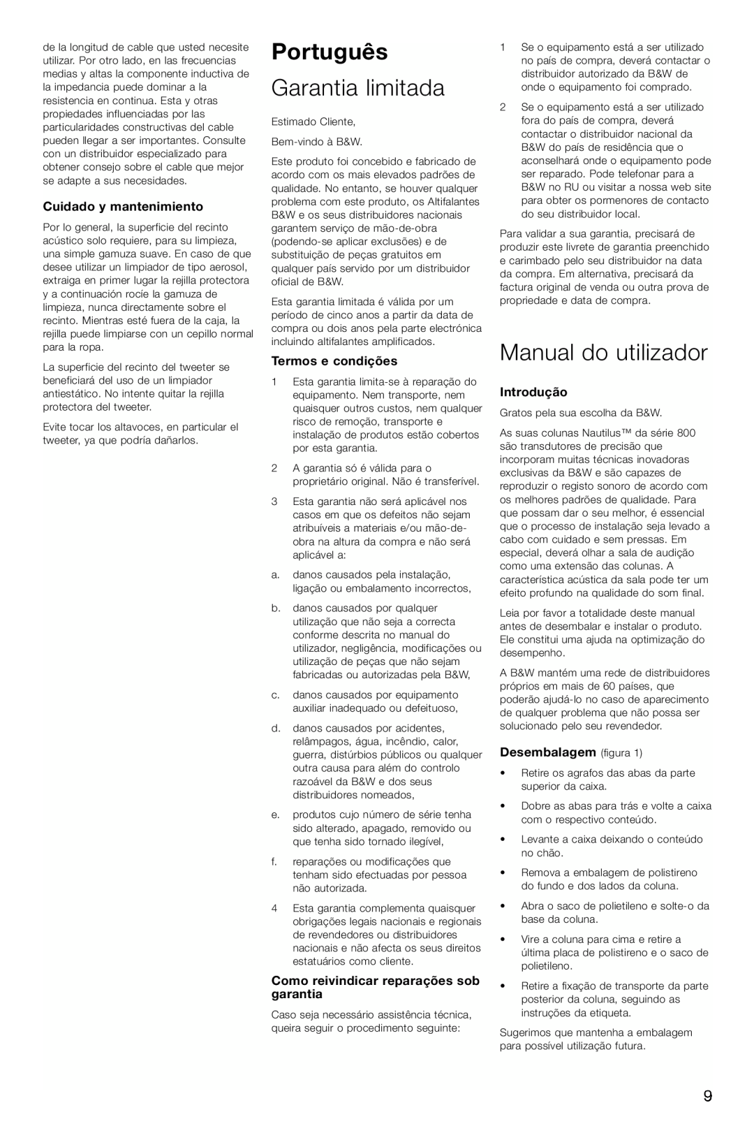 Bowers & Wilkins 804, 803 Português, Garantia limitada, Manual do utilizador, Cuidado y mantenimiento, Termos e condições 