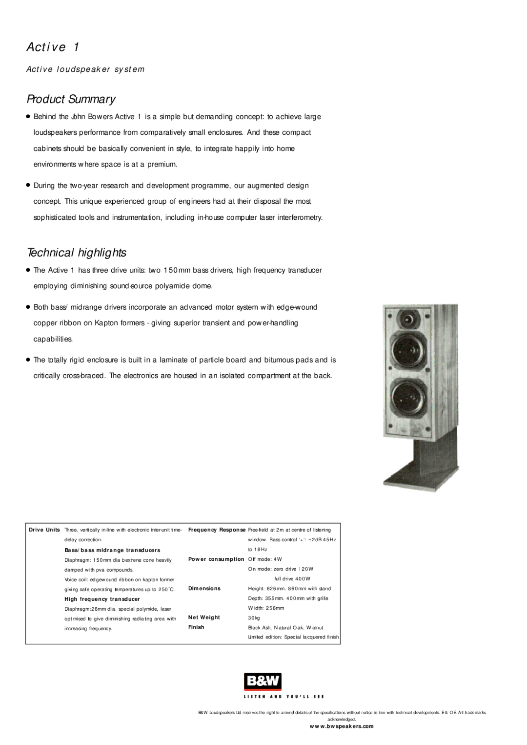 Bowers & Wilkins Active1 specifications T i v e l o u d s p e a k e r s y s t e m Product Summary 