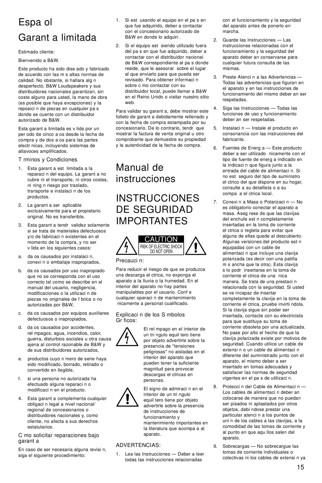 Bowers & Wilkins AS2 Español, Garantía limitada, Manual de instrucciones, Instrucciones DE Seguridad Importantes 