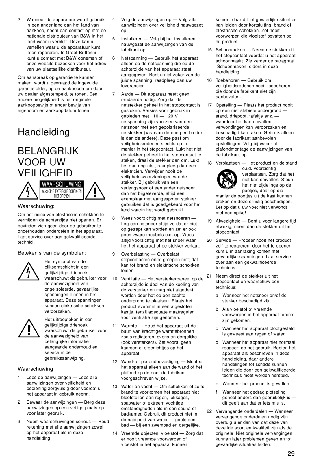 Bowers & Wilkins AS2 owner manual Handleiding, Belangrijk Voor UW Veiligheid, Waarschuwing, Betekenis van de symbolen 