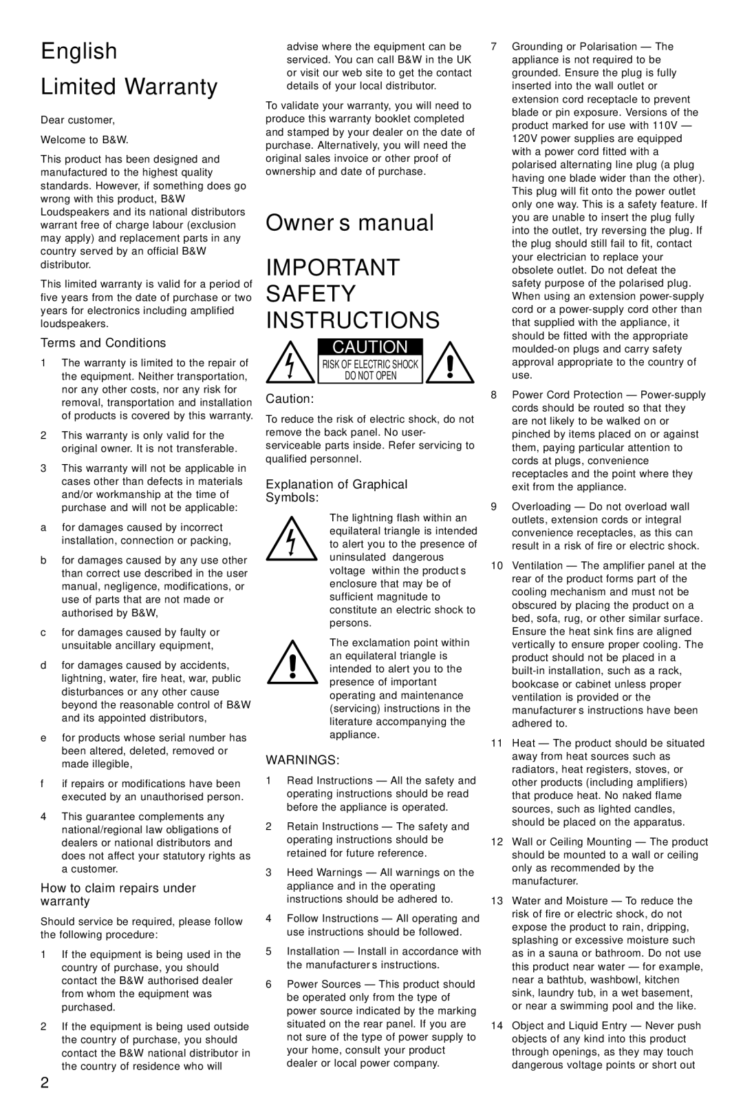 Bowers & Wilkins AS2 owner manual English, Limited Warranty, Important Safety Instructions 