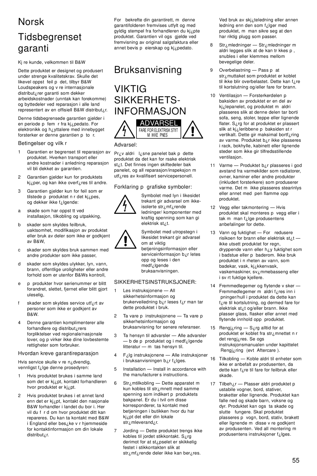 Bowers & Wilkins AS2 Norsk, Tidsbegrenset garanti, Bruksanvisning, Viktig SIKKERHETS- Informasjon, Sikkerhetsinstruksjoner 