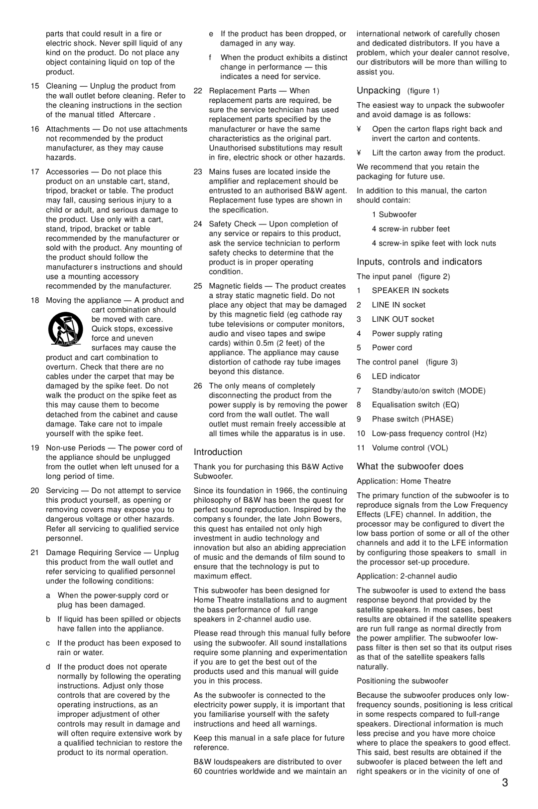 Bowers & Wilkins AS2 owner manual Introduction, Unpacking figure, Inputs, controls and indicators, What the subwoofer does 