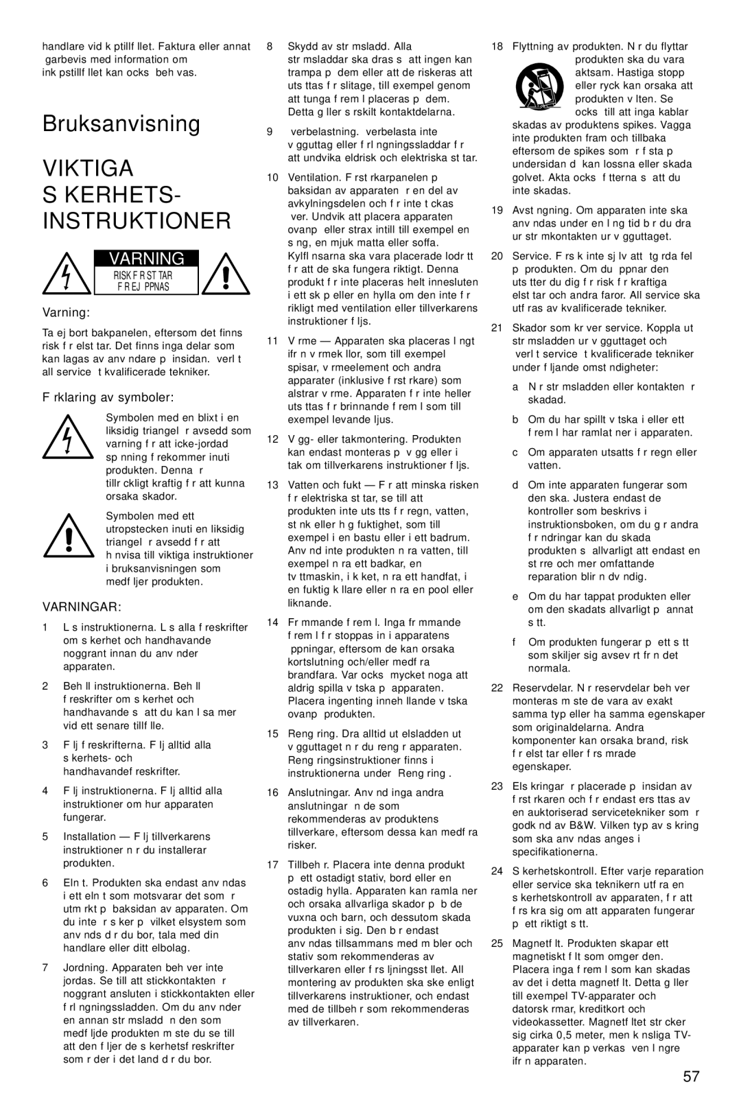 Bowers & Wilkins AS2 owner manual Viktiga SÄKERHETS- Instruktioner, Förklaring av symboler, Varningar 