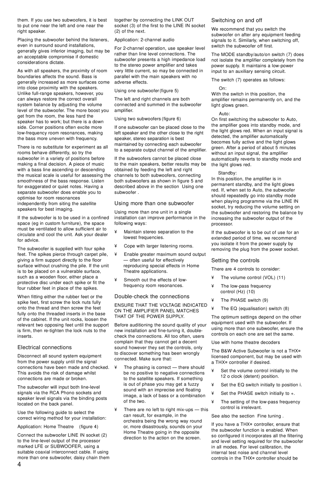 Bowers & Wilkins AS2 owner manual Electrical connections, Using more than one subwoofer, Double-check the connections 