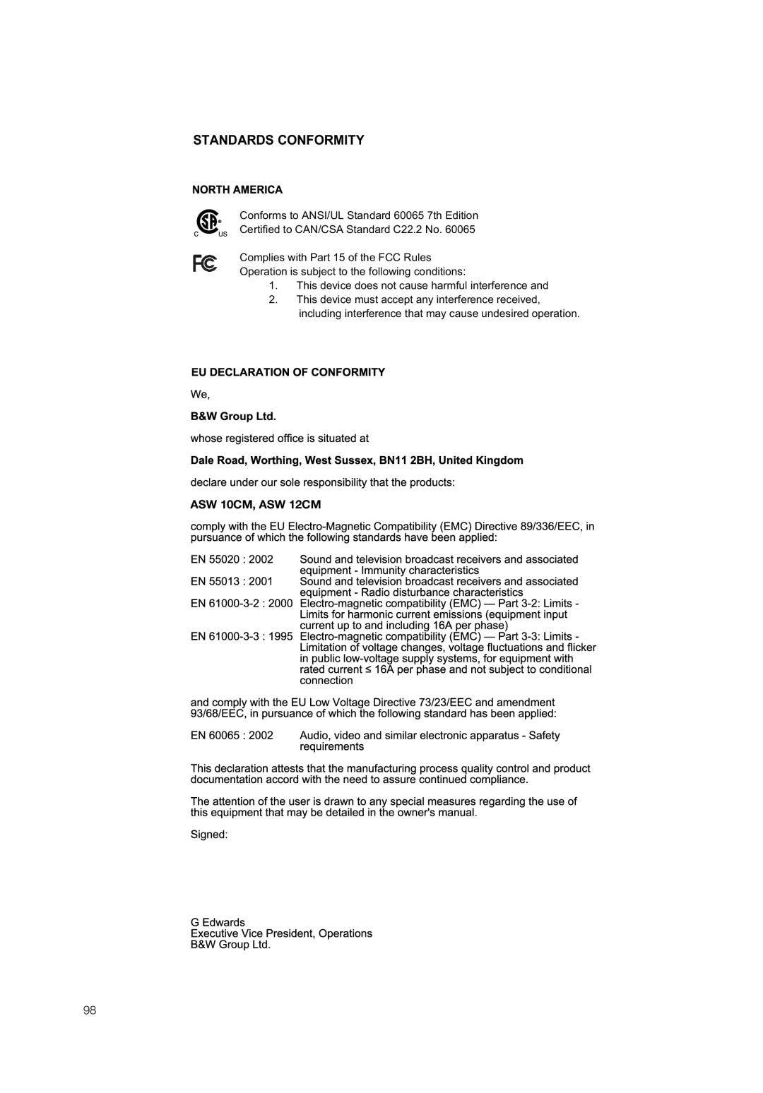 Bowers & Wilkins ASW 12CM, ASW 10CM owner manual Standards Conformity 