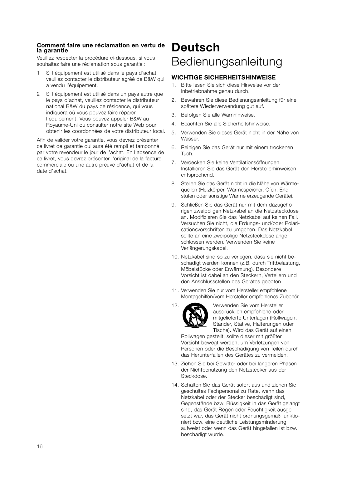 Bowers & Wilkins ASW 12CM, ASW 10CM owner manual Deutsch, Bedienungsanleitung, Wichtige Sicherheitshinweise 