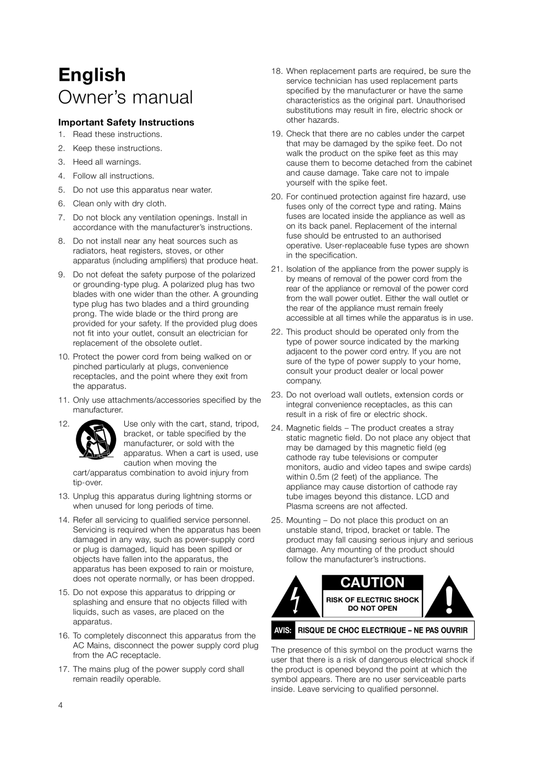 Bowers & Wilkins ASW 12CM, ASW 10CM owner manual English, Owner’s manual, Important Safety Instructions 