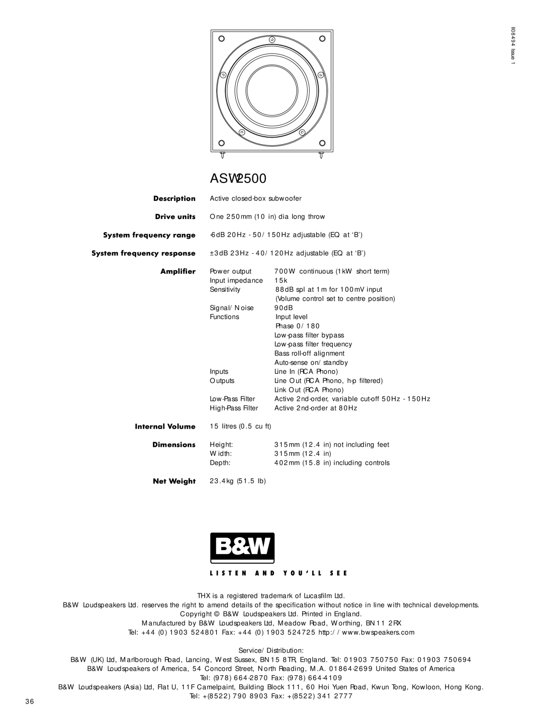 Bowers & Wilkins ASW 2500 owner manual Internal Volume, Dimensions, Net Weight 