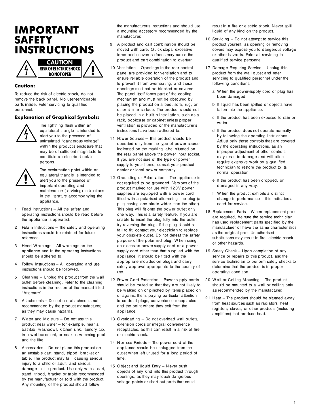 Bowers & Wilkins ASW 2500 owner manual Important Safety Instructions, Explanation of Graphical Symbols 