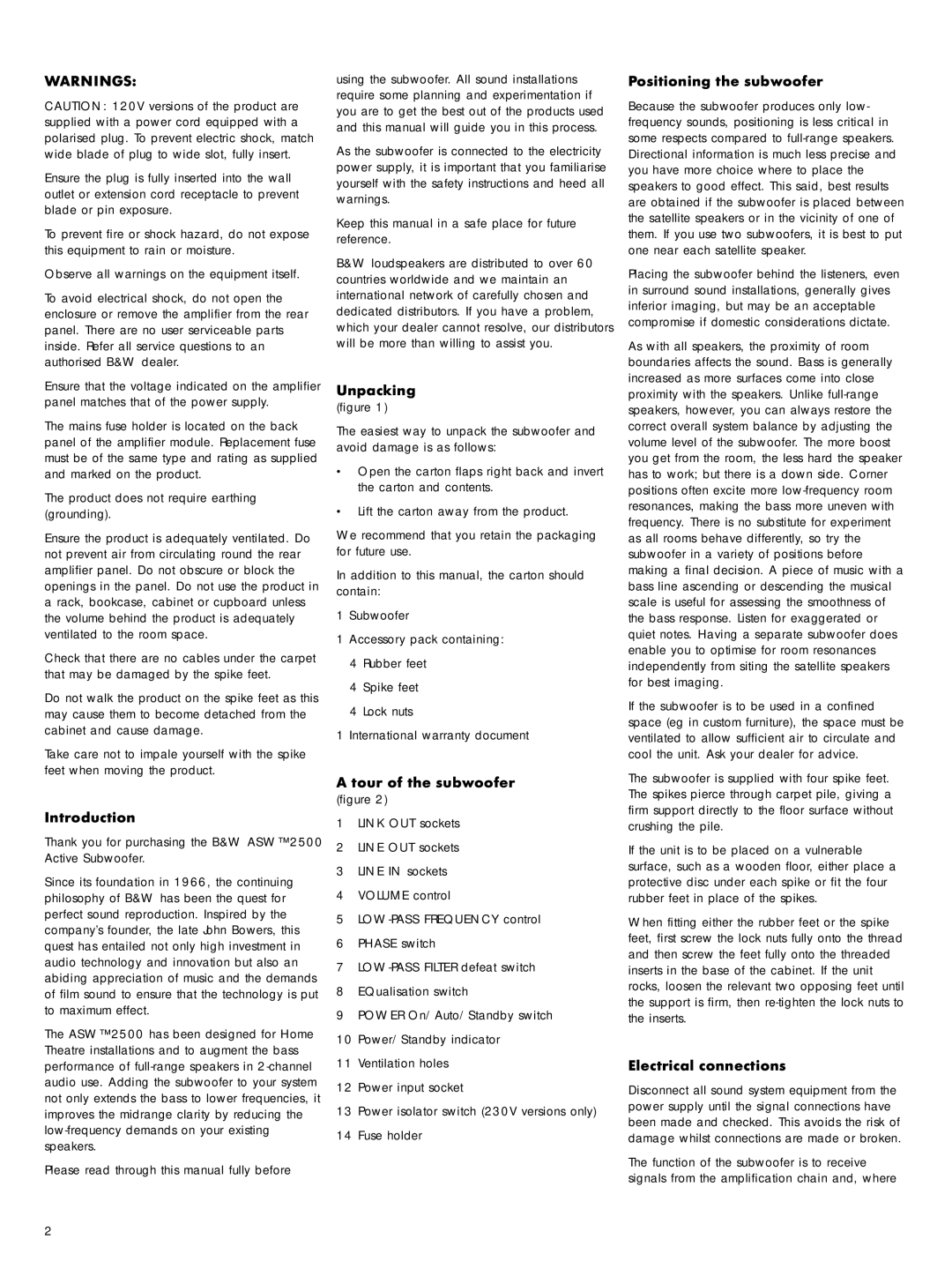 Bowers & Wilkins ASW 2500 owner manual Introduction, Unpacking, Tour of the subwoofer, Positioning the subwoofer 