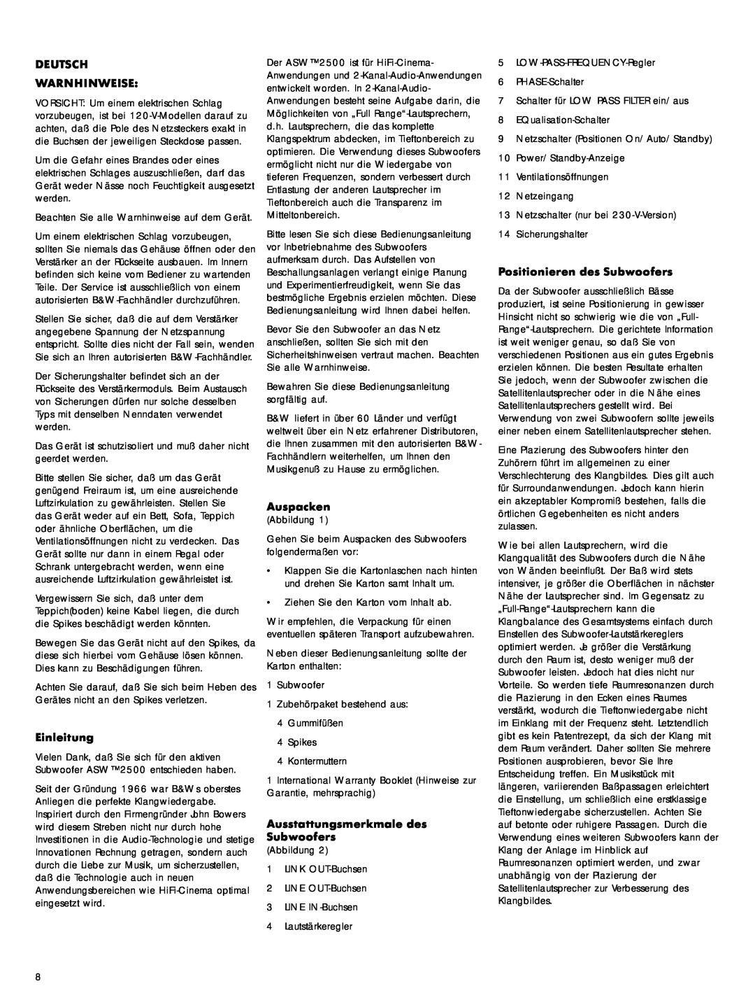 Bowers & Wilkins ASW 2500 owner manual Deutsch Warnhinweise, Einleitung, Auspacken, Ausstattungsmerkmale des Subwoofers 