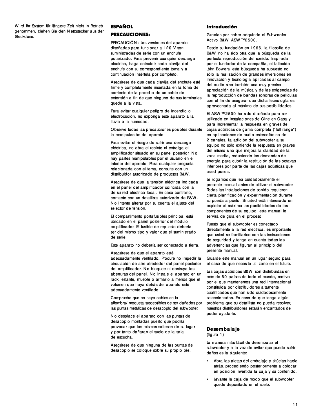 Bowers & Wilkins ASW 2500 owner manual Español Precauciones, Introducción, Desembalaje 