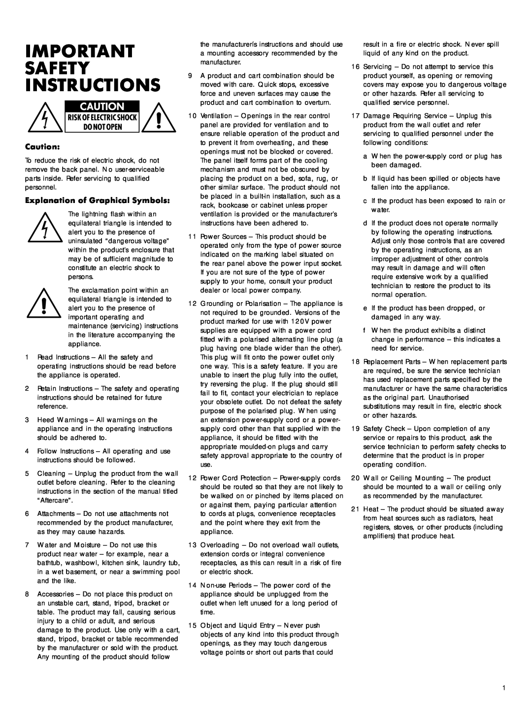 Bowers & Wilkins ASW 2500 owner manual Explanation of Graphical Symbols, Important Safety Instructions 