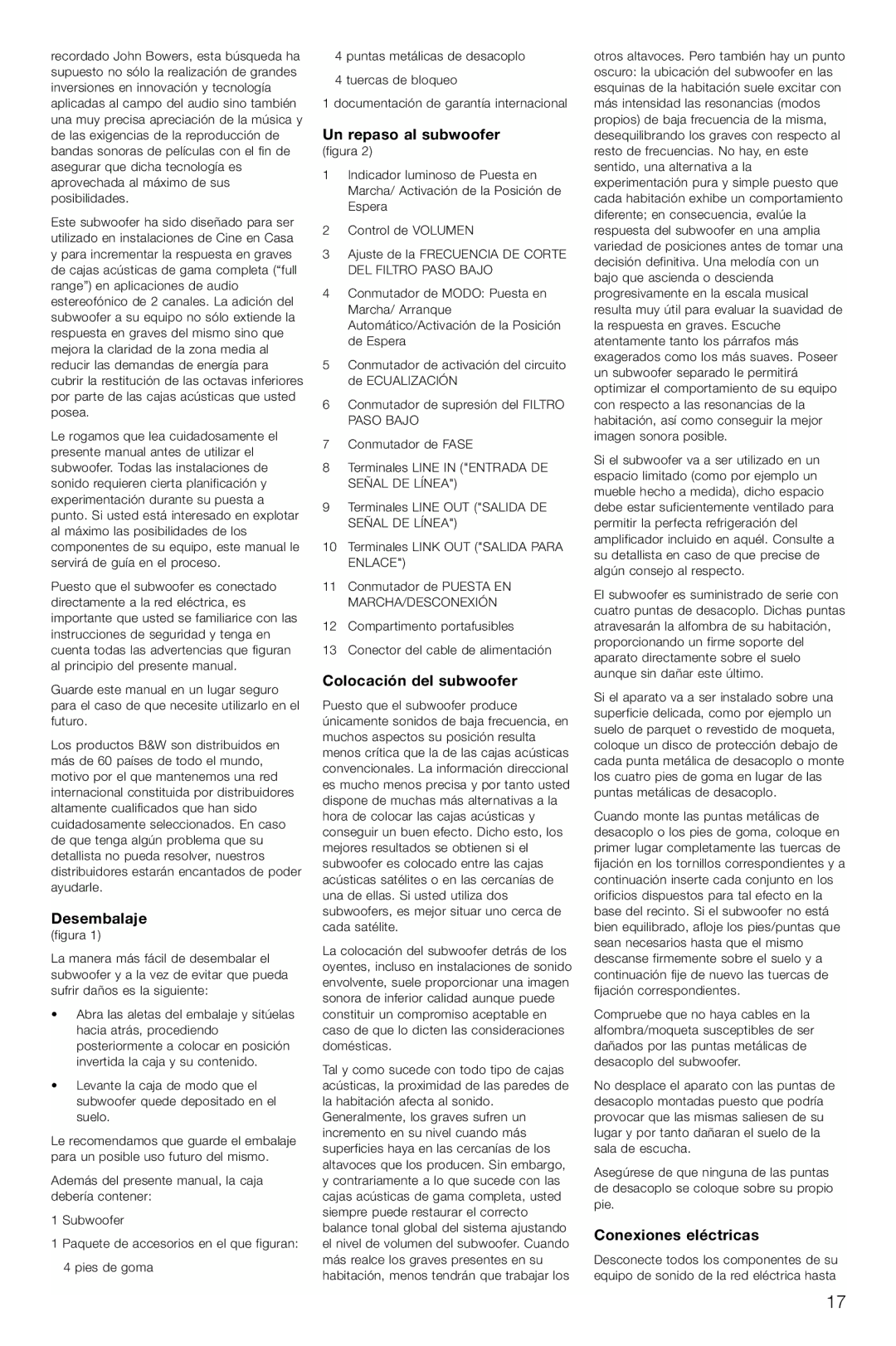 Bowers & Wilkins ASW CDM owner manual Desembalaje, Un repaso al subwoofer, Colocación del subwoofer, Conexiones eléctricas 