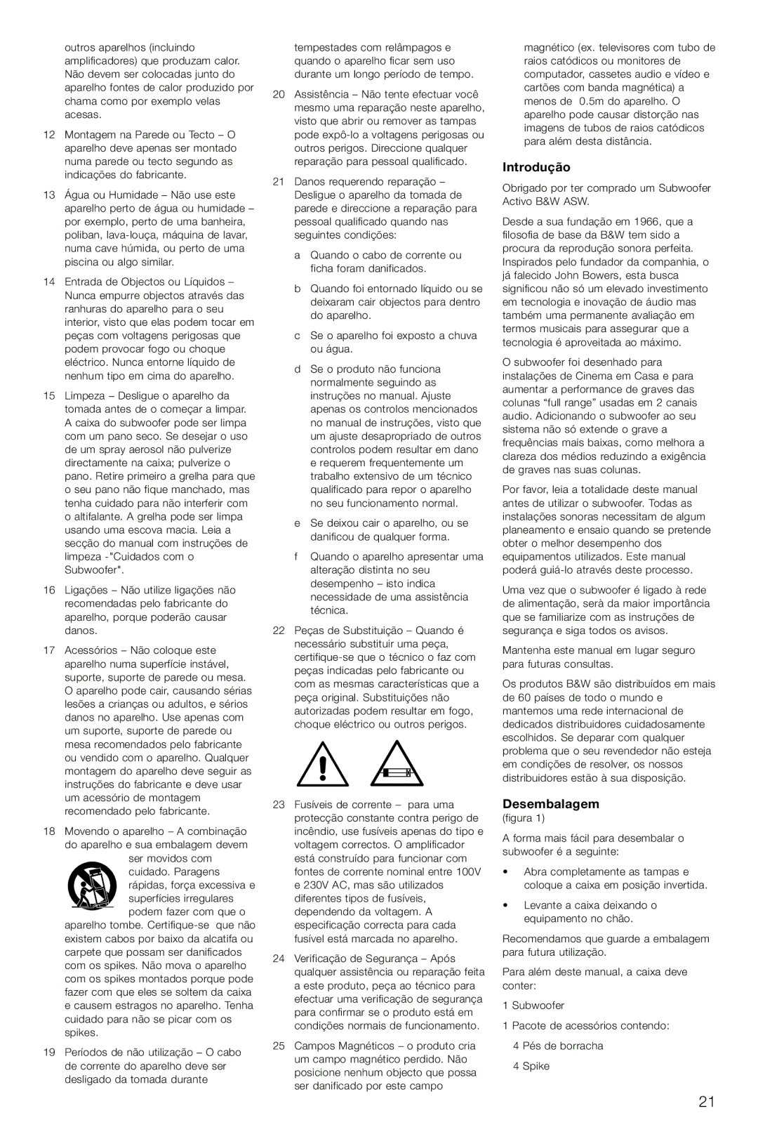 Bowers & Wilkins ASW CDM owner manual Introdução, Desembalagem 