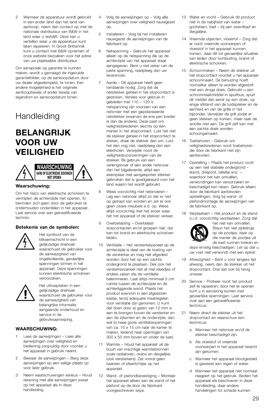 Bowers & Wilkins ASW CDM owner manual Handleiding, Belangrijk Voor UW Veiligheid, Waarschuwing, Betekenis van de symbolen 