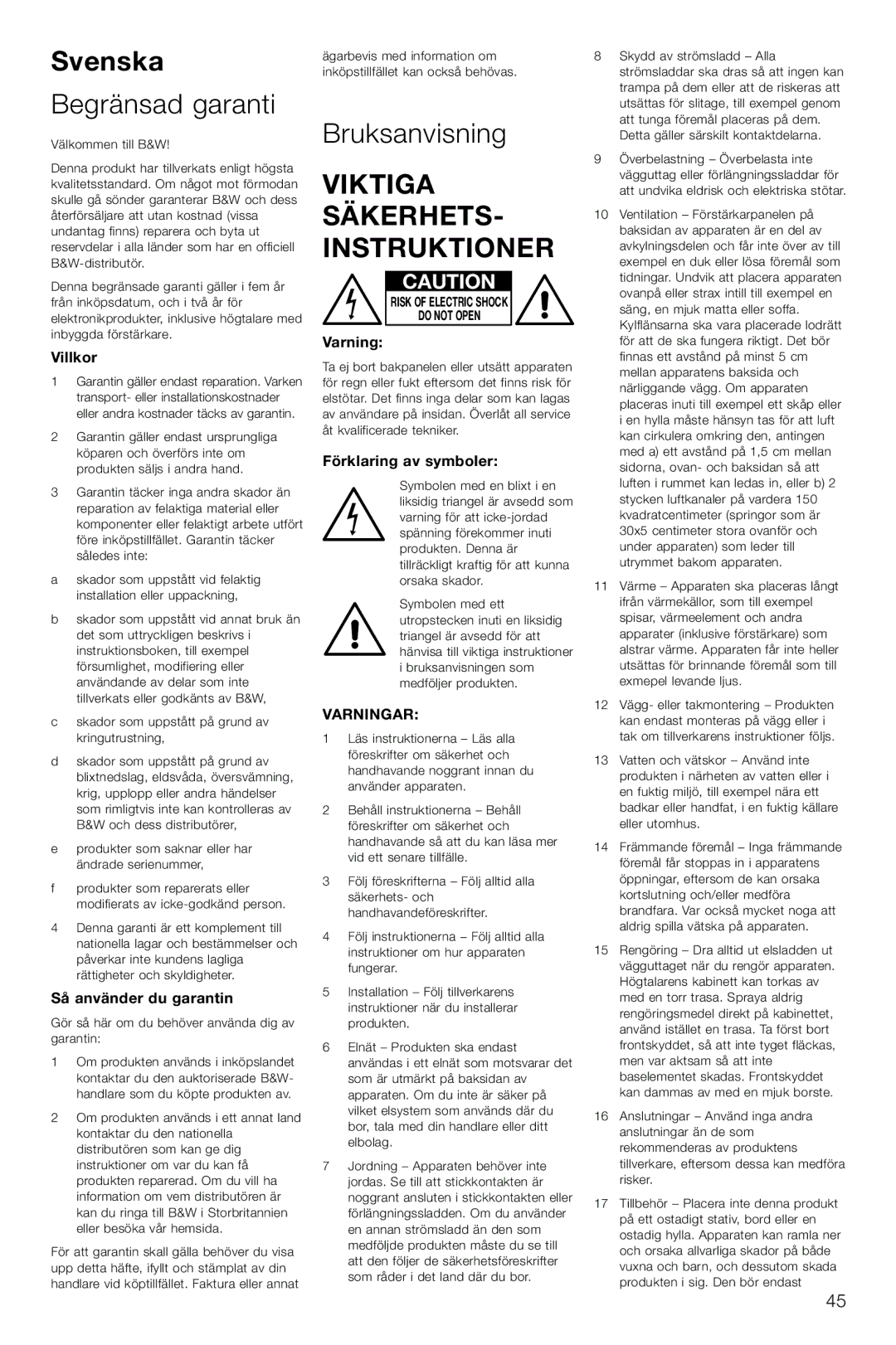 Bowers & Wilkins ASW CDM owner manual Svenska, Begränsad garanti, Viktiga SÄKERHETS- Instruktioner, Varningar 