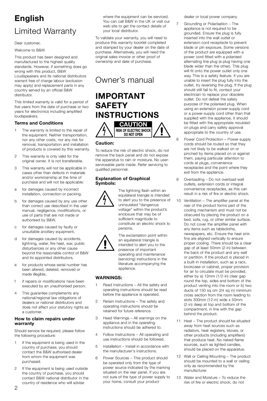 Bowers & Wilkins ASW CDM owner manual English, Limited Warranty, Important Safety Instructions 