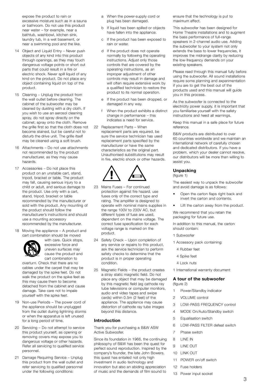 Bowers & Wilkins ASW CDM owner manual Introduction, Unpacking, Tour of the subwoofer 