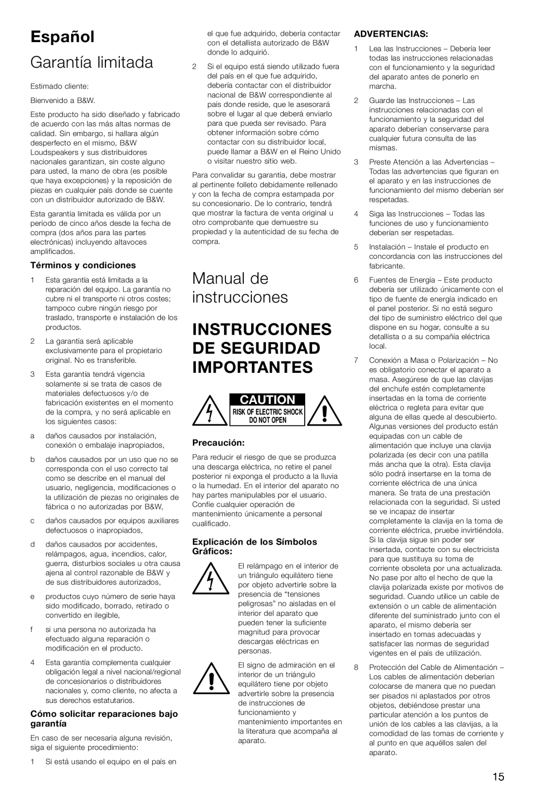 Bowers & Wilkins ASW CDM Español, Garantía limitada, Manual de instrucciones, Instrucciones De Seguridad Importantes 