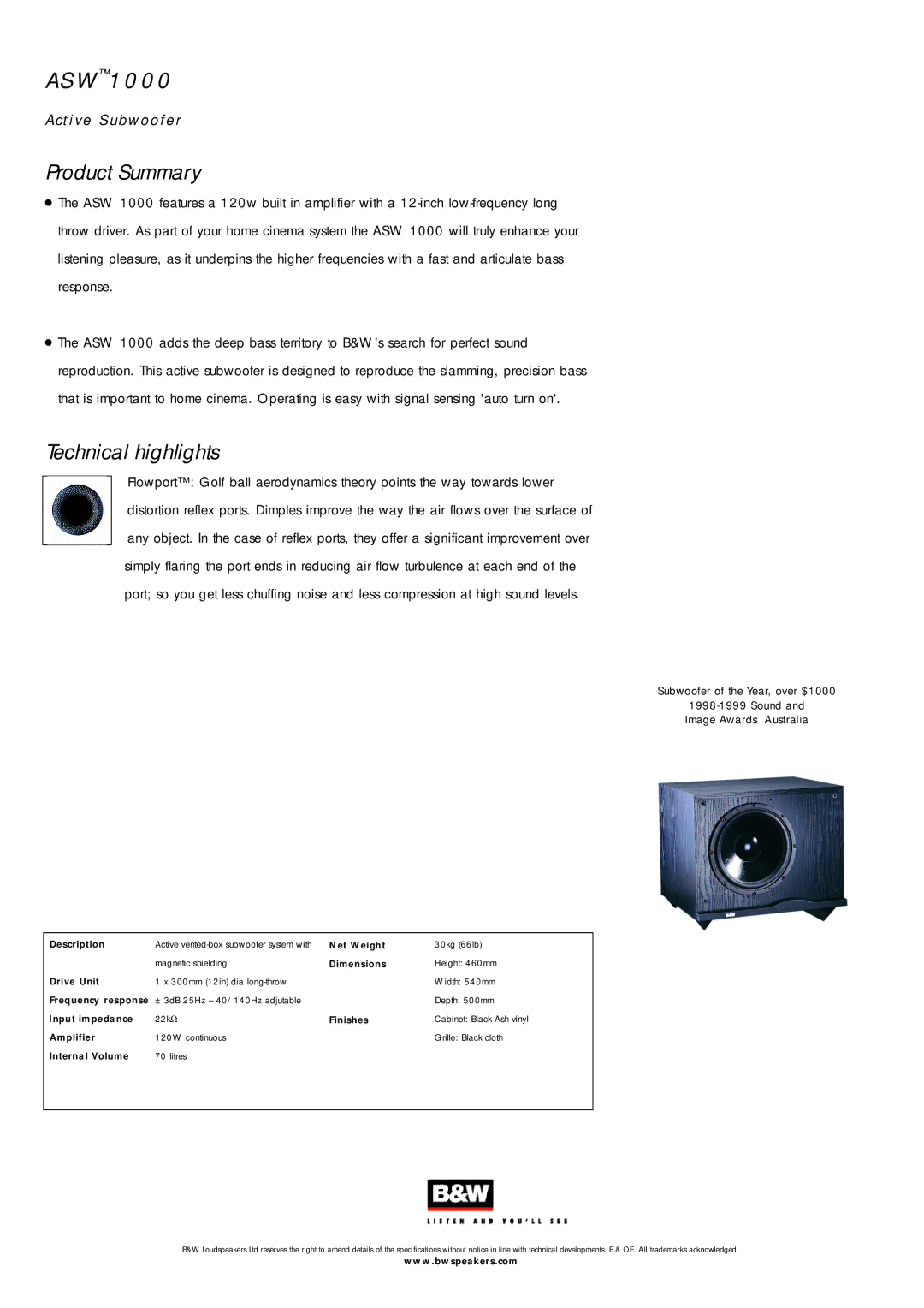 Bowers & Wilkins ASW1000 specifications AS W10, Active S ubwoofer Product Summary, Technical highlights 