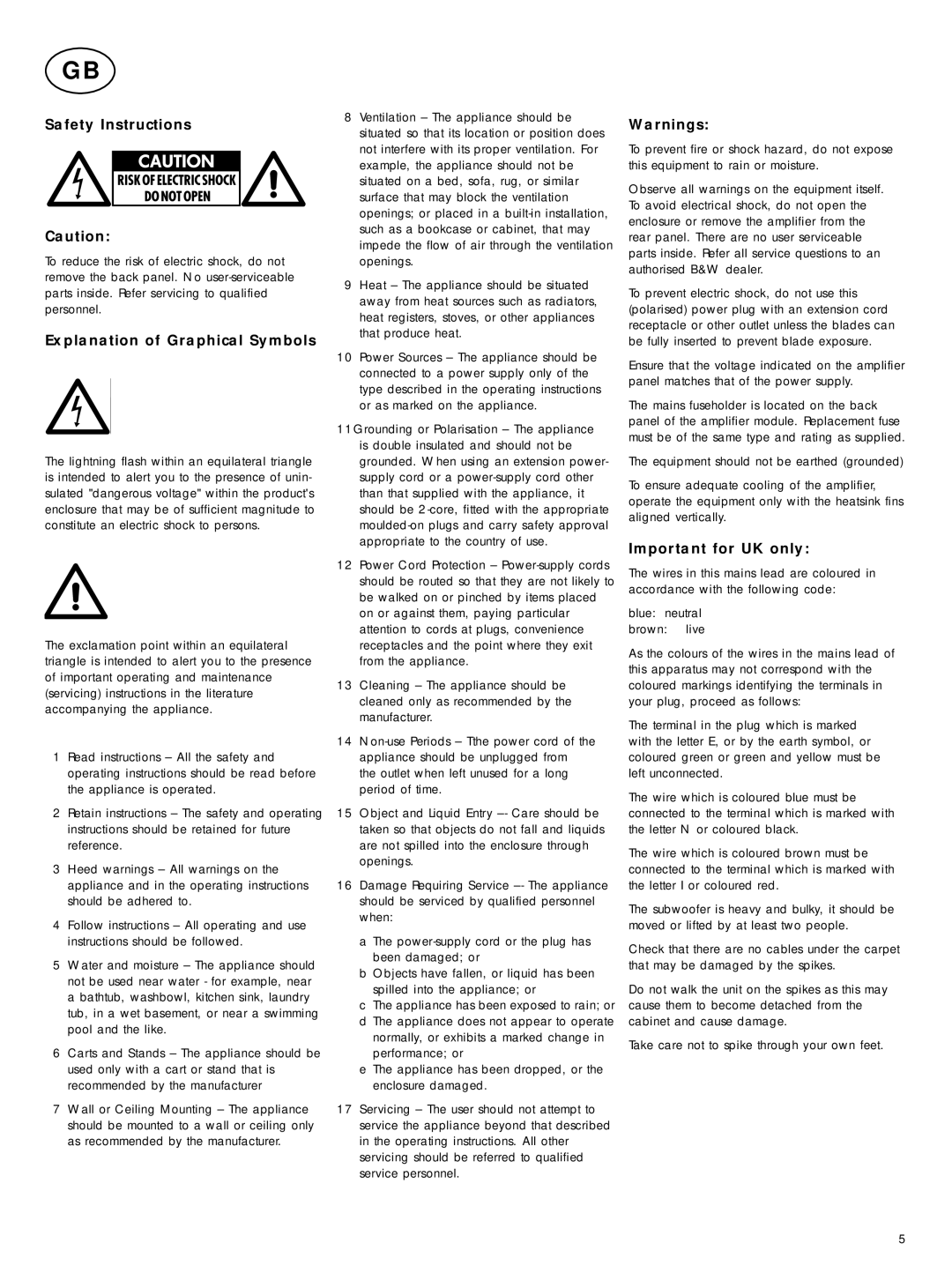 Bowers & Wilkins ASW2000 owner manual Safety Instructions, Explanation of Graphical Symbols, Important for UK only 