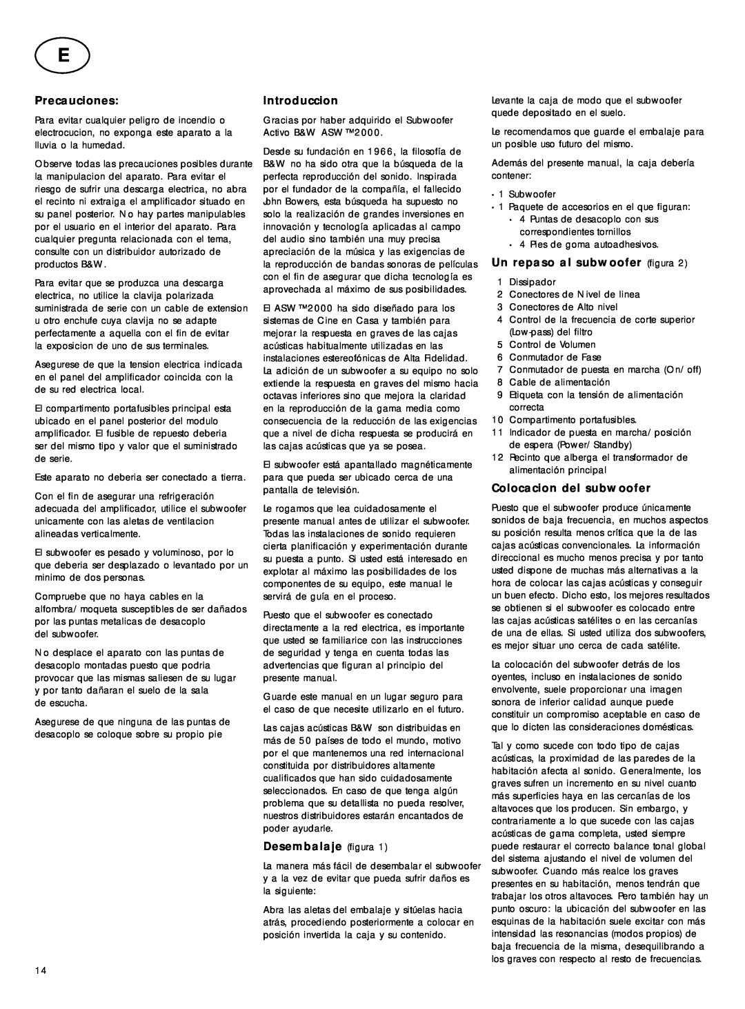 Bowers & Wilkins ASW2000 owner manual Precauciones, Introduccion, Desembalaje figura, Un repaso al subwoofer figura 