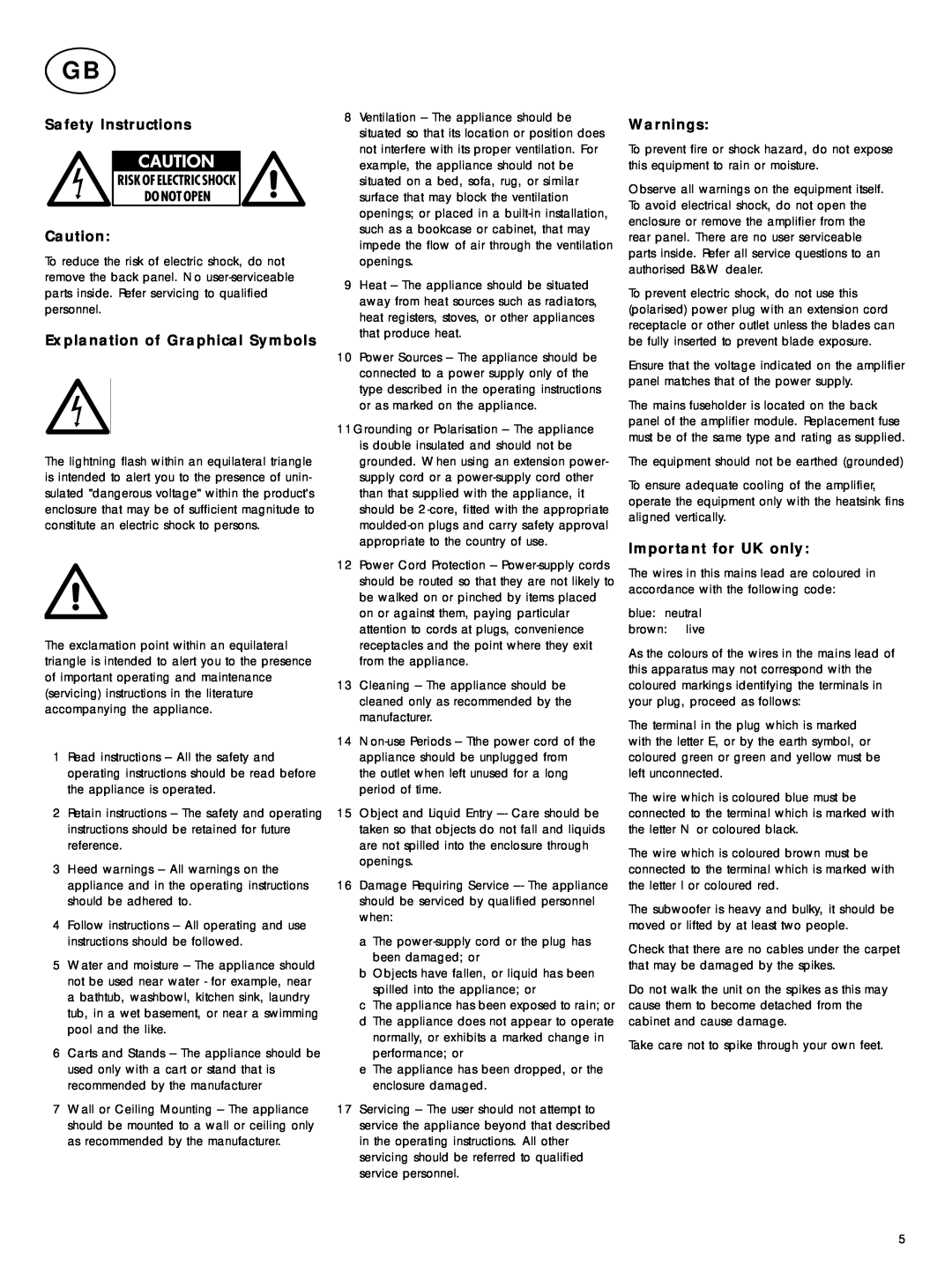 Bowers & Wilkins ASW2000 Safety Instructions, Explanation of Graphical Symbols, Warnings, Important for UK only 