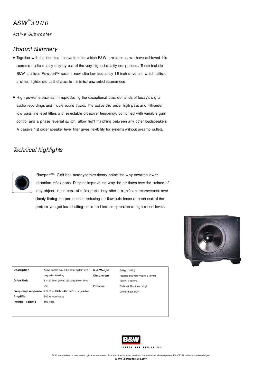 Bowers & Wilkins ASW3000 specifications AS W30, Active Subwoofer Product Summary, Technical highlights 