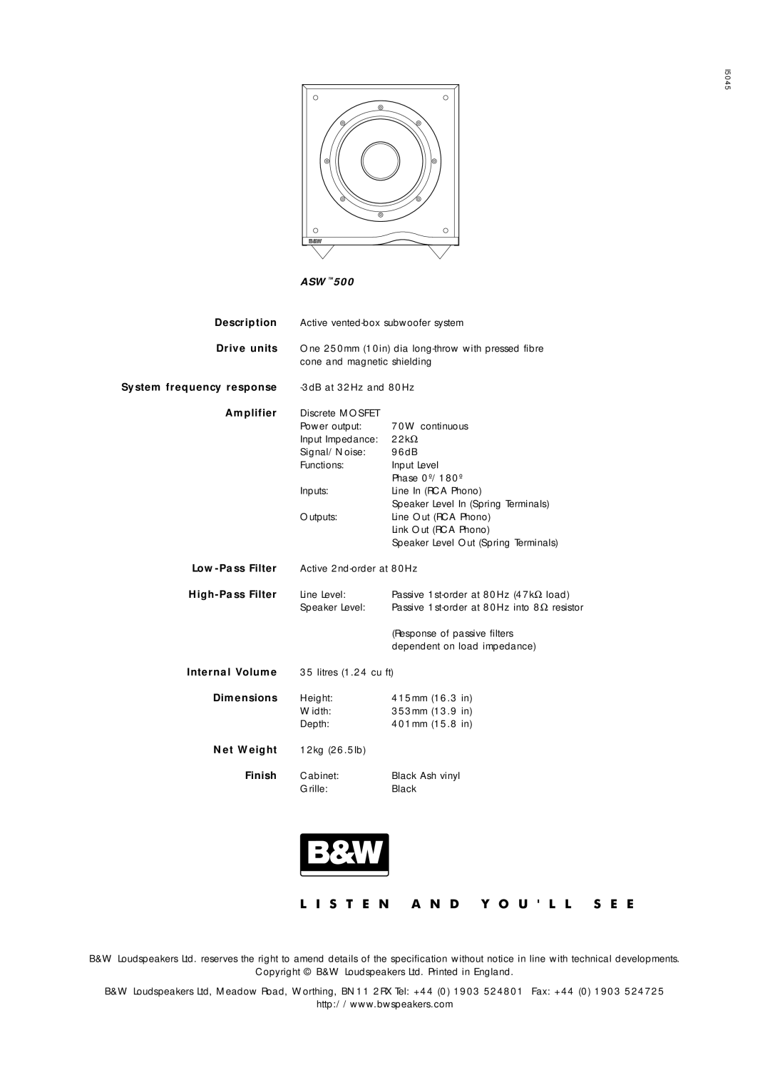 Bowers & Wilkins ASW500 owner manual Description 