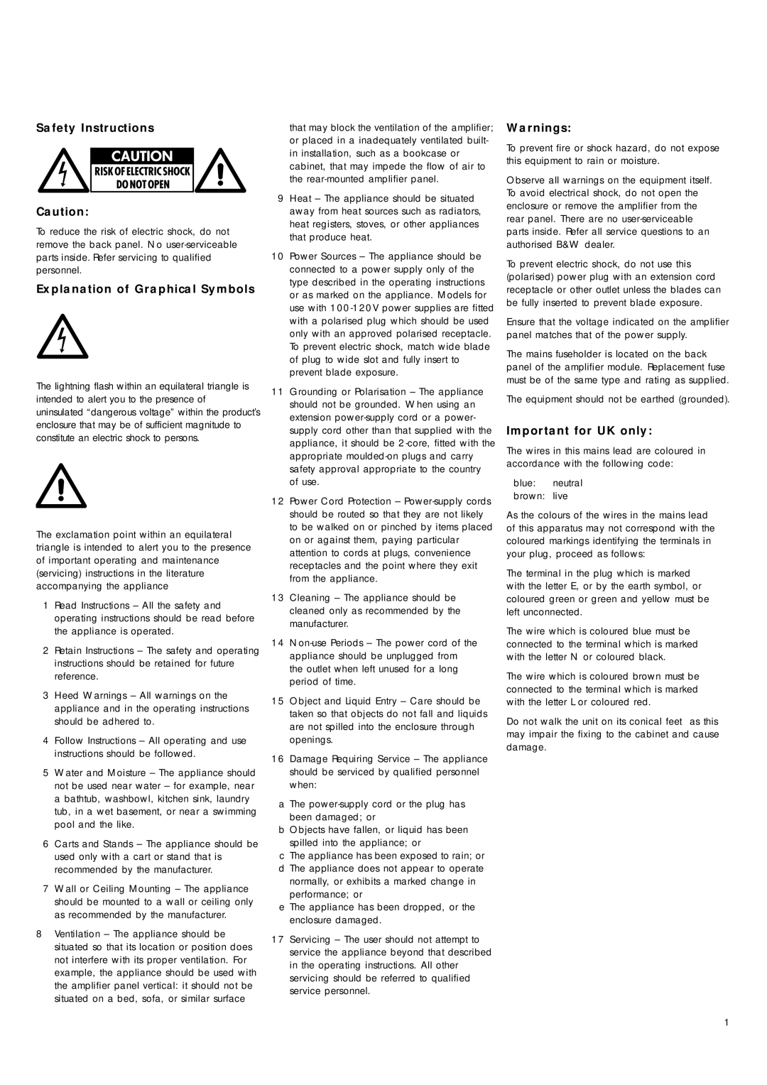 Bowers & Wilkins ASW500 owner manual Safety Instructions, Explanation of Graphical Symbols, Important for UK only 