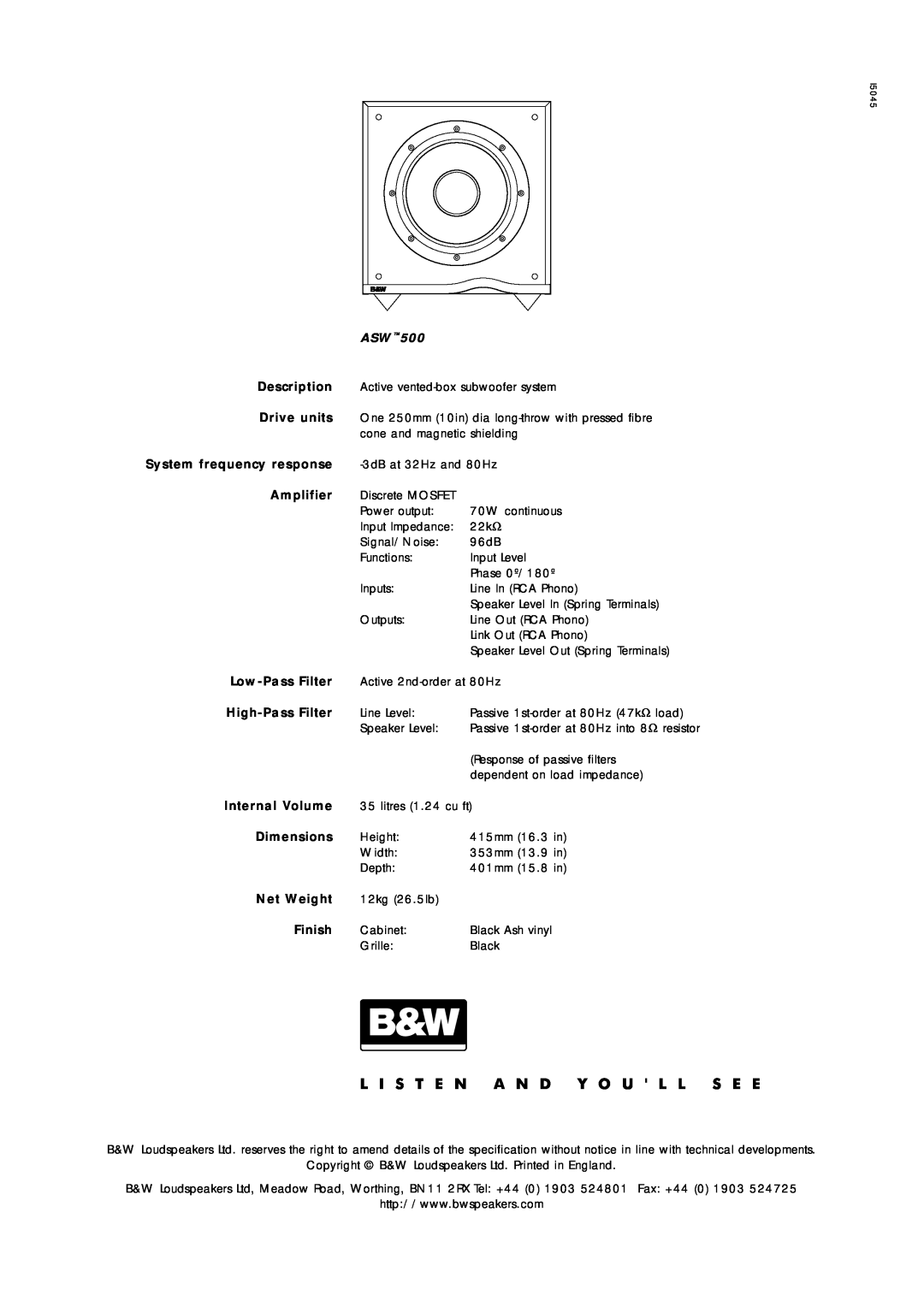 Bowers & Wilkins ASW500 owner manual Description 