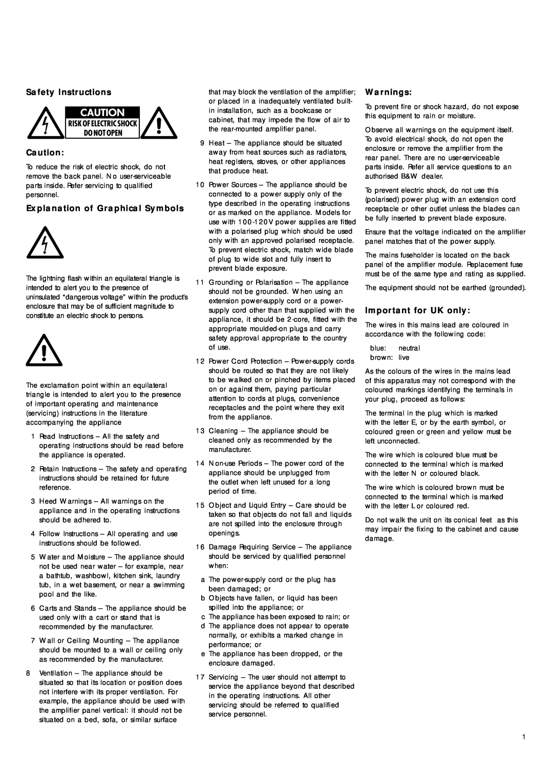 Bowers & Wilkins ASW500 owner manual Safety Instructions, Explanation of Graphical Symbols, Warnings, Important for UK only 