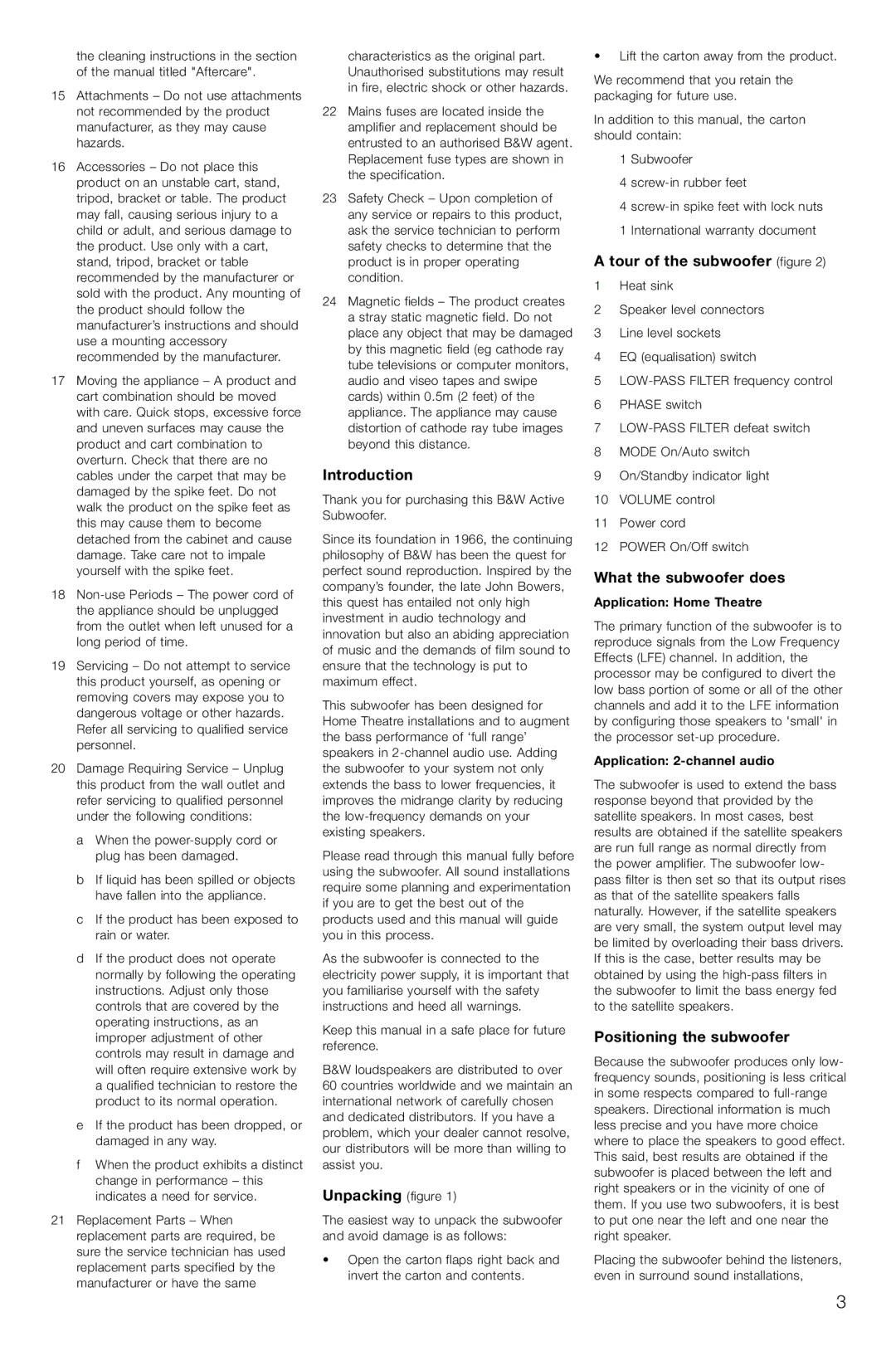 Bowers & Wilkins ASW600 owner manual Introduction, Unpacking figure, Tour of the subwoofer figure, What the subwoofer does 