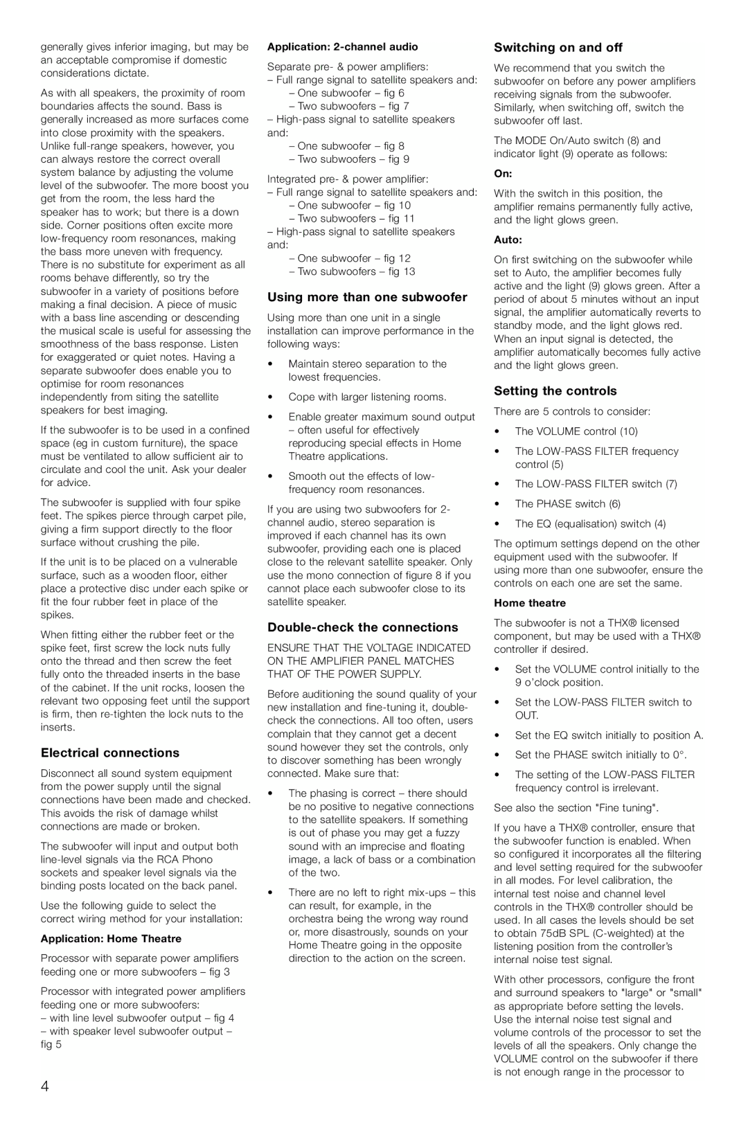 Bowers & Wilkins ASW600 owner manual Electrical connections, Using more than one subwoofer, Double-check the connections 