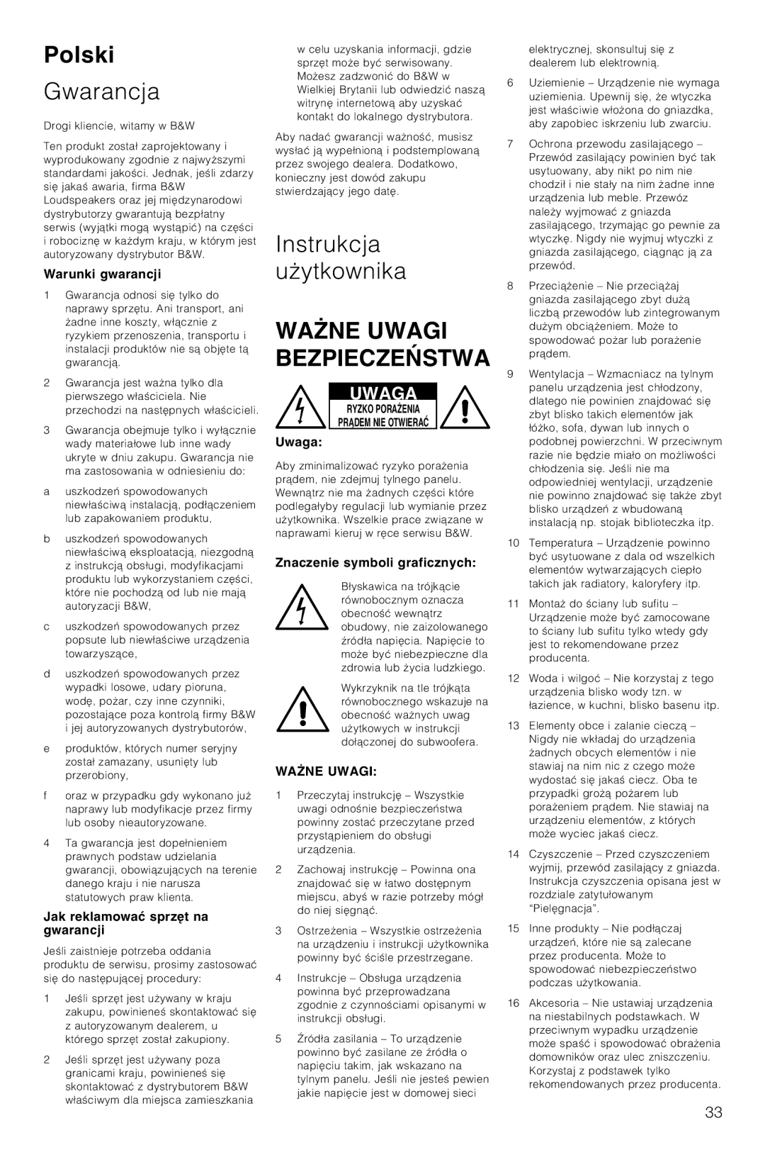 Bowers & Wilkins ASW600 owner manual Polski, Gwarancja, Instrukcja uÃytkownika, WA…NE Uwagi BEZPIECZE÷STWA 