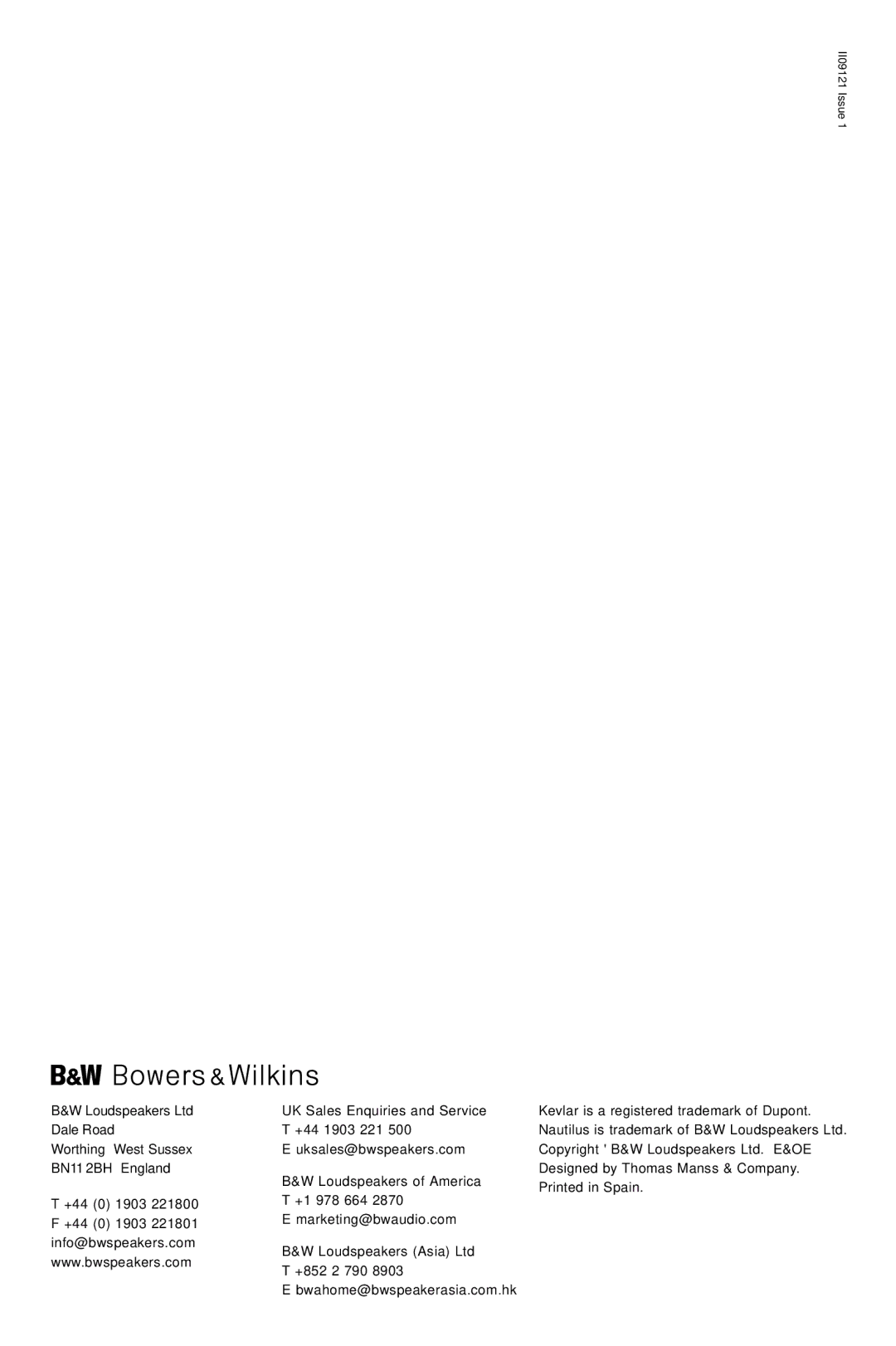 Bowers & Wilkins ASW600 owner manual II09121 Issue 