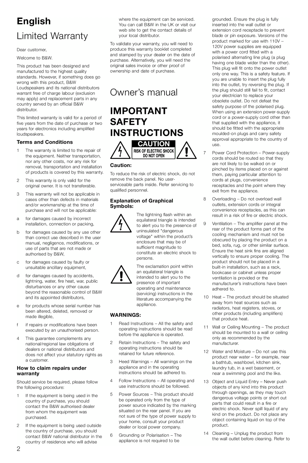 Bowers & Wilkins ASW600 owner manual English, Limited Warranty, Important Safety Instructions 